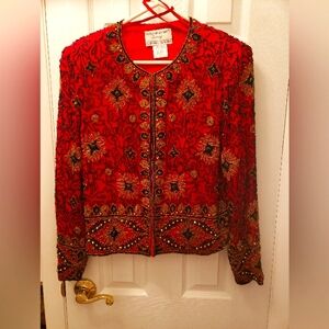 Vintage Dressy Evening Beaded Jacket Red With Black n Gold Embellishment, Sz 4,